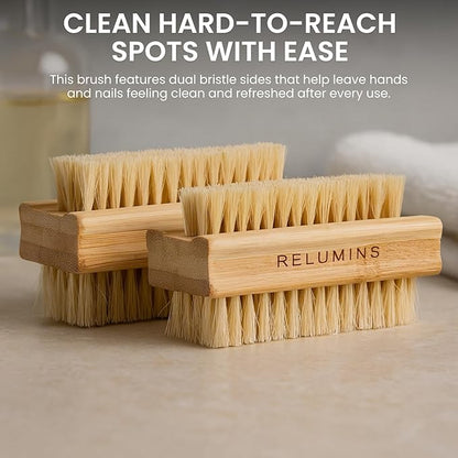 Relumins Dual Sided Nail Brush Bamboo Handle Bristle Exfoliating Tool for Hand Foot Care Grooming Travel Hygiene Use - 2 PC Set