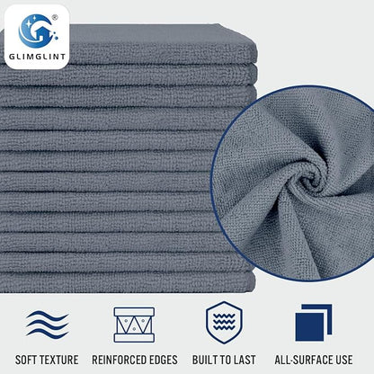 GLIMGLINT Grey Microfiber Cleaning Cloth,12PK Reusable Cleaning Rags, Highly Absorbent Shop Rags Bulk, All-Purpose Car Cleaning Towels for TV Screen, Kitchen, Bathroom, Restaurant Garage, 14"X12"
