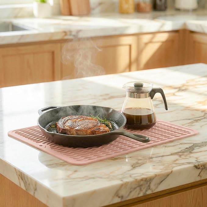 MicoYang Silicone Dish Drying Mat for Multiple Usage,Easy clean,Eco-friendly,Heat-resistant Silicone Mat for Kitchen Counter or Sink,Refrigerator or drawer liner Pink L 16 inches x 12 inches