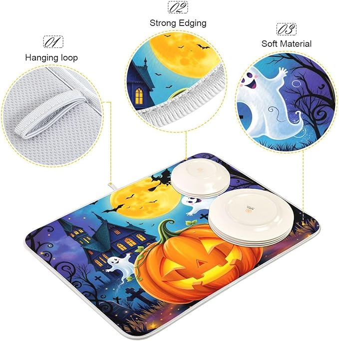 Halloween Pumpkin Ghost Witch Dish Drying Mat for Kitchen Counter Absorbent Microfiber Drying Pad, Medium 16x18 in