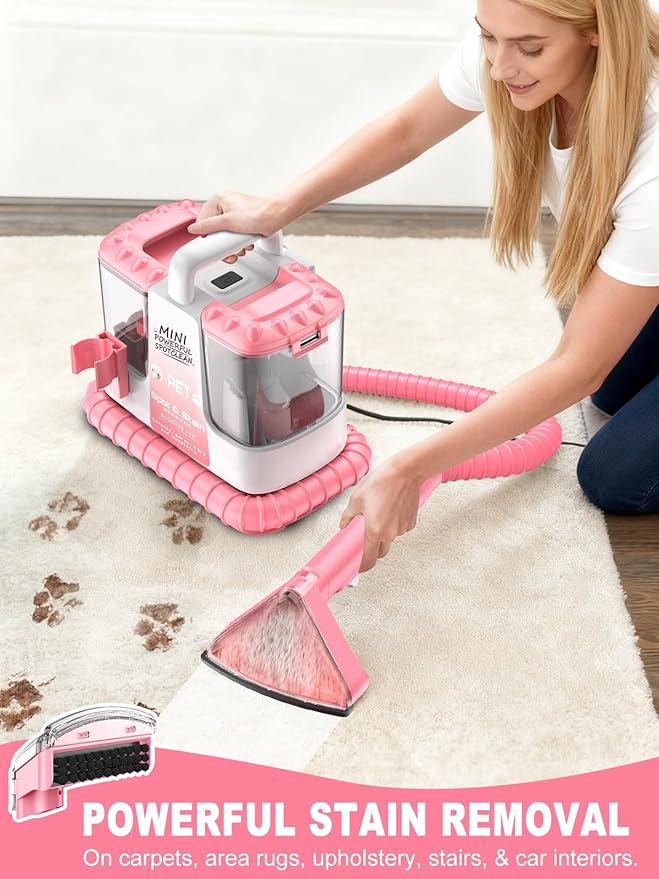 Portable Carpet & Upholestery Cleaner Machine for Pets, Spot, Stain, Couch Cleaner Machine with Powerful Suction and and Cleaning Solution, Car/Auto Detailer, Lightweight Compact Design, Pink
