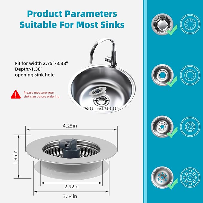 Hibbent 3 in 1 Kitchen Sink Drain Strainer, Stainless Steel Wrapped Shell Drain Stopper Combo, Pop Up Sink Stopper, 3 SUS304 Anti-Clogging Basket Strainer with Handle for US Standard 3-1/2" Drain