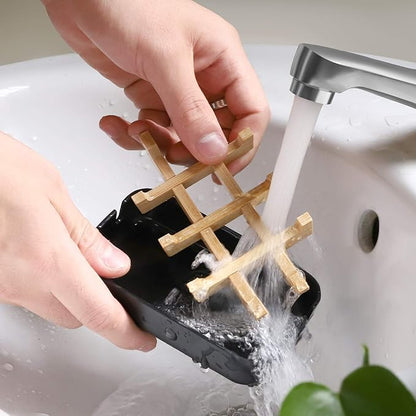 Bamboo Wooden Soap Dishes for Bathroom Bar Soap Holder Shower Soap Holder Sink Deck Bathtub Shower Tray (Two Pieces Black)
