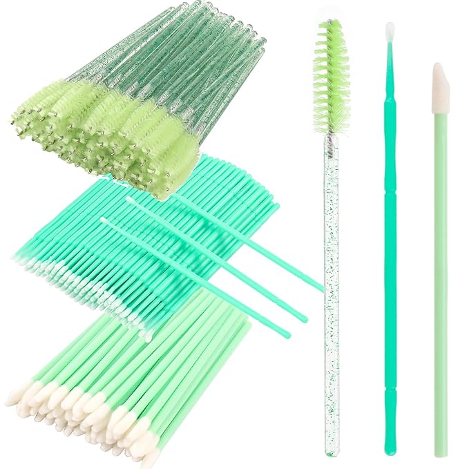 300 PCS Eyelash Extension Supplies Kit, Disposable Micro Applicator Brush, Eyebrow Spoolie, Lip Brush, Mascara Wand Applicator (light green kits)