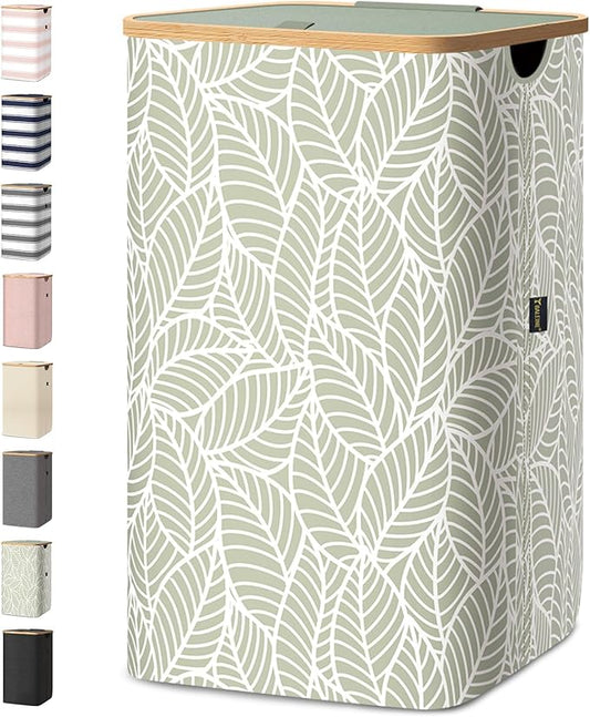 BALEINE Laundry Hamper with Lid, Tall Laundry Baskets with Bamboo Pull Handles, Large Laundry Bin with Internal Support (26 Gal/100L, Antique Foliage)