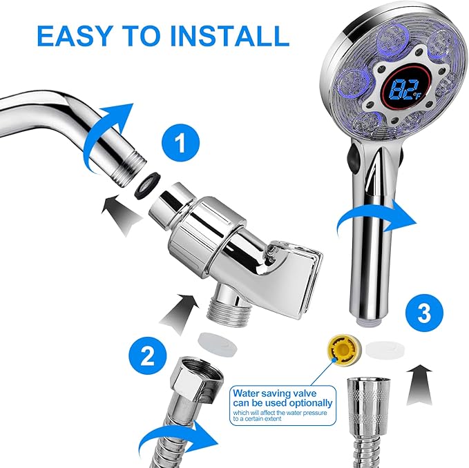 LED Shower Head with Handheld, Color Changing, Shower Head High Pressure with Water Temperature Display, Water Saving Spray Showerheads with 59" Hose and Shower Bracket for Low Water Pressure, Chrome