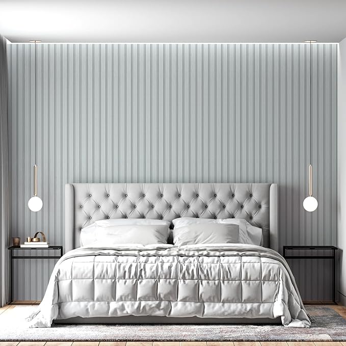 Yun-aeon Wood Slat Peel and Stick Wallpaper 17.3"x 120" Light Grey Wood Grating Stripe Contact Paper Removable Faux Wood Panels Wallpaper Self Adhesive Waterproof Vinyl Wall Paper for Bedroom Kitchen