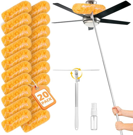 6 ft Extendable Handle with 20 Duster Refills, Heavy Duty Duster Refills Kit Compatible with Swiffer, 360 Disposable Microfiber Duster Pads for Ceiling Fan, Window & Hard to Reach Areas Cleaning