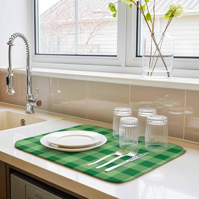 Dish Drying Mat Green White Check Plaid Drying Mats for Kitchen Counter Farmhouse Style Absorbent Microfiber Dish Drainer Quick Drying Coffee Mat with Hanging Loop, 18 x24 inch