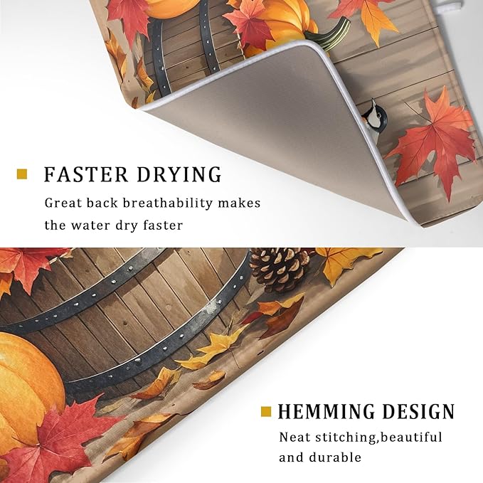 Fall Thanksgiving Dish Drying Mat for Kitchen Counter 18x24 Pumpkin Birds Autumn Harvest Seasonal Theme Absorbent Reversible Microfiber Drying Mats Kitchen Countertop Protector Dishes Drainer Pad
