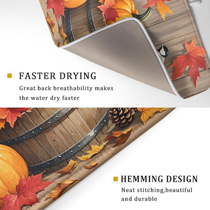 Fall Thanksgiving Dish Drying Mat for Kitchen Counter 18x24 Pumpkin Birds Autumn Harvest Seasonal Theme Absorbent Reversible Microfiber Drying Mats Kitchen Countertop Protector Dishes Drainer Pad