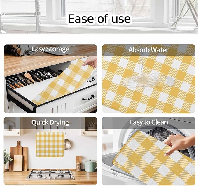 Dish Drying Mat Yellow Buffalo Check Plaid Drying Mats for Kitchen Counter Farmhouse Style Absorbent Microfiber Dish Drainer Quick Drying Coffee Mat with Hanging Loop, 18 x24 inch