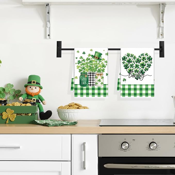 St. Patrick's Days Kitchen Towels Set of 4, Lucky Shamrock Dish Towels Gifts for Cooking Cleaning, Spring Hand Towels with Hanging Loop for Kitchen Bathroom Home Decor