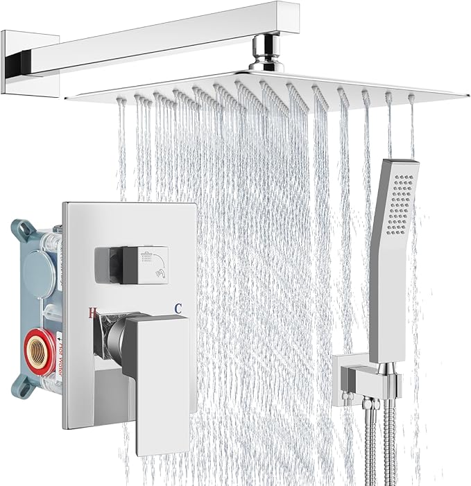 Aolemi Shower Faucet Set Rain Shower System with Handheld Spray Bathroom Shower Combo Rough-in Valve and Shower Trim Kit Included Polish Chrome 12 Inch Wall Mount Shower Head