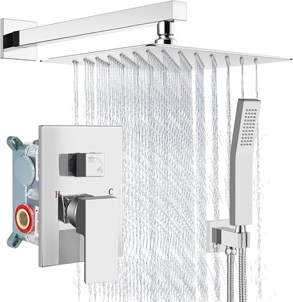 Aolemi Shower Faucet Set Rain Shower System with Handheld Spray Bathroom Shower Combo Rough-in Valve and Shower Trim Kit Included Polish Chrome 12 Inch Wall Mount Shower Head