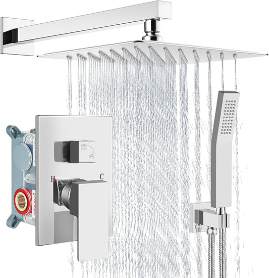 Aolemi Shower Faucet Set Rain Shower System with Handheld Spray Bathroom Shower Combo Rough-in Valve and Shower Trim Kit Included Polish Chrome 12 Inch Wall Mount Shower Head