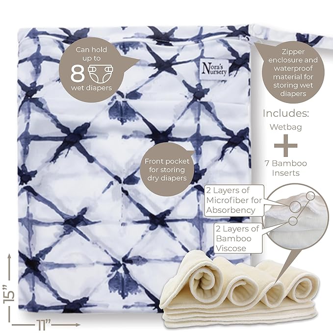 Nora's Nursery Cloth Diapers for Babies (Down to Earth) – 7 Adjustable Baby Reusable Diapers, 7 Inserts & 1 Wet Bag From Newborns to Toddlers – One-Size Pocket No-Leak, Washable Design to Reduce Waste