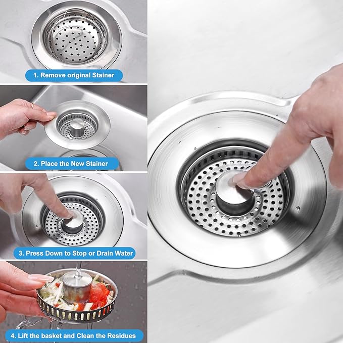 3-in-1 Kitchen Sink Drain Strainer & Stopper with Basket, Stainless Steel Drain Plug Cover Catcher for Food Waste - Sink Accessories for Home or Kitchen Sink Shroom Fit US Standard 3-1/2'' Drain Hole