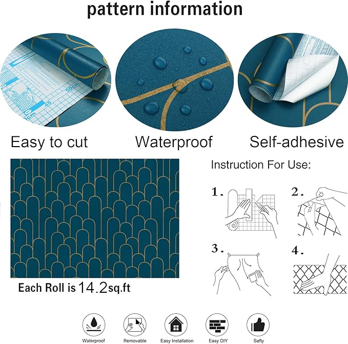 Yasinet Peel and Stick Wallpaper Blue and Gold Wallpaper Blue Geometric Contact Paper Removable Self-Adhesive Stripe Waterproof Wall Paper Decorative for Wall Bedroom Vinyl Film 17.3”x118”