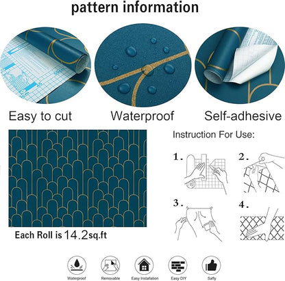 Yasinet Peel and Stick Wallpaper Blue and Gold Wallpaper Blue Geometric Contact Paper Removable Self-Adhesive Stripe Waterproof Wall Paper Decorative for Wall Bedroom Vinyl Film 17.3”x118”