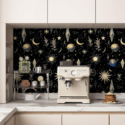 Starry Night Peel and Stick Wallpaper – Black Gold Galaxy Celestial Starburst Moon Stars Self-Adhesive Vinyl Contact Paper for Bedroom Living Room Cabinet, Removable Wall Decor 17.5In x 118In