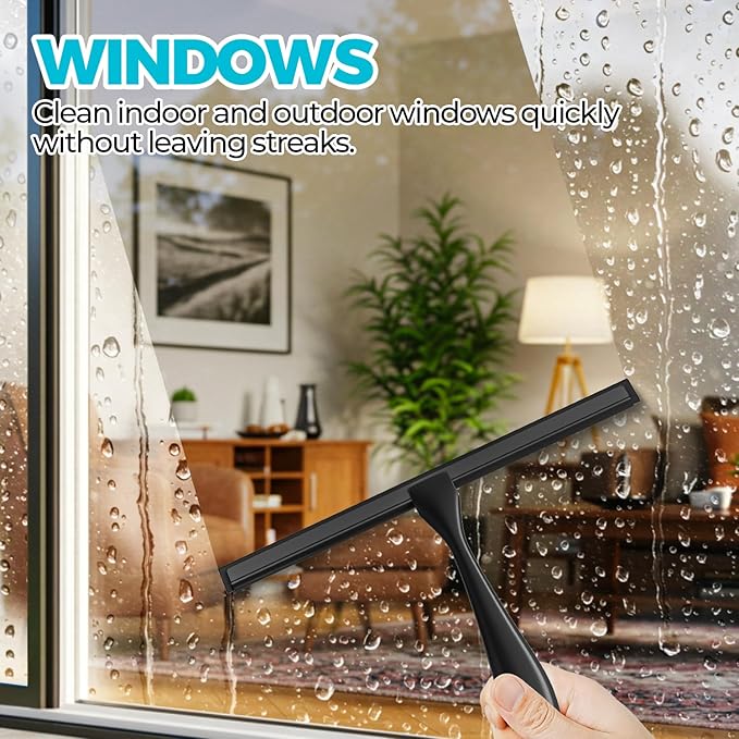 10-Inch All-Purpose Shower Squeegee for Shower Doors, Tile Shower Walls, Bathroom, Window, Glass and Car Windshield, Mirrors and Kitchen-Stainless Steel, Black