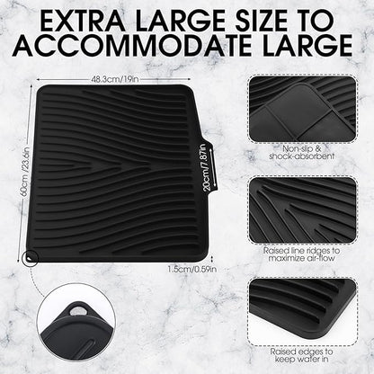 Teenyyou Extra Large Silicone Dish Drying Mat For Kitchen Counter Drying Pad 23.6 x 19 Inch Rubber Dish Drainer Mat with Drain Lip for Sink Drawer Liner(Black)