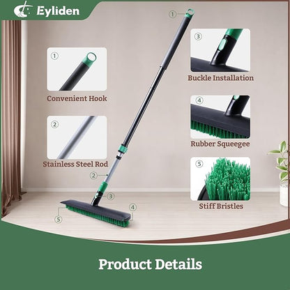 Eyliden Floor Scrub Brush for Stubborn Grime & Deep Cleaning | 15" Wide Head with Rubber Squeegee, Adjustable Long Handle, 2in1 Stiff Bristle Floor Scrubber for Kitchen, Shower, Deck, Patio, Garage