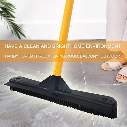 Push Broom,Pet Hair Removal Broom with Squeegee,Soft Silicone Bristle Broom with Long Handle,Non Scratch Carpet Sweeper Brush for Cat Dog Hair Hardwood(Orange) Extra Long for Tall People