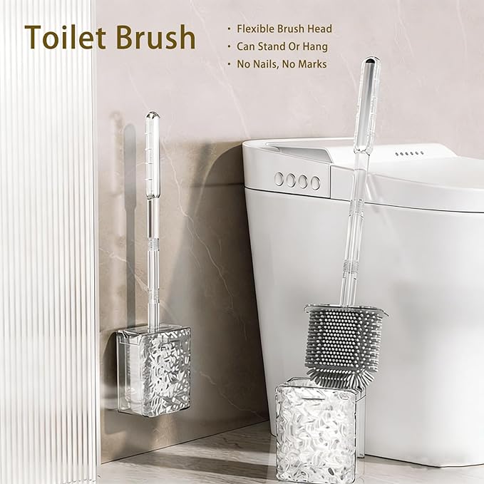 Silicone Toilet Brush with Holder Deep Cleaning Toilet Brush with Flexible Bristles Floor Standing & Wall Mounted Space Saving for Bathroom Modern Design Quick Drying Easy to Assemble Silver