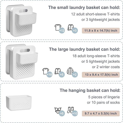 Small Collapsible Laundry Basket, Space-Saving Wall-Mounted Hamper with Detachable Mini-Basket, Portable Hanging Organizer for Clothes, Underwear Socks. (White)