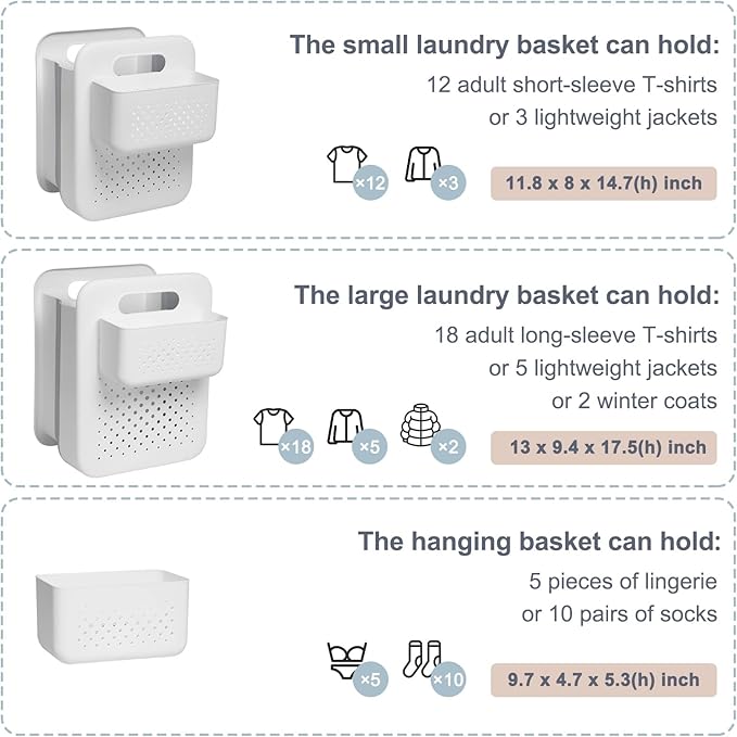 Large Collapsible Laundry Basket with Detachable Hanging Organizer, Space-Saving Wall-Mounted Hamper for Home, Dorms, RVs, Main Basket Measures 13" x 9.5" x 17.5" In