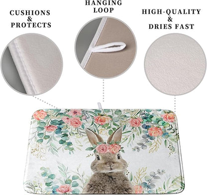 Easter Rabbit Dish Drying Mats for Kitchen Counter Easter Spring Watercolor Floral Bunny Absorbent Dish Drying Mat 16x18 Inch Absorbent Reversible Reusable Washable Dishes Drainer Mats