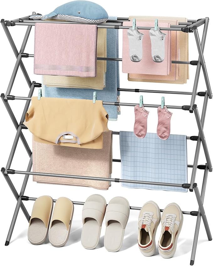 KINGBOARD Clothes Drying Rack, Collapsible Drying Rack Clothing with 11 Poles, 3-Tier Laundry Drying Rack, Small Clothes Drying Rack Foldable for Baby Clothes Sock Towel, 25lb Capacity, White & Grey