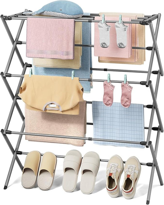 KINGBOARD Clothes Drying Rack, Collapsible Drying Rack Clothing with 11 Poles, 3-Tier Laundry Drying Rack, Small Clothes Drying Rack Foldable for Baby Clothes Sock Towel, 25lb Capacity, White & Grey