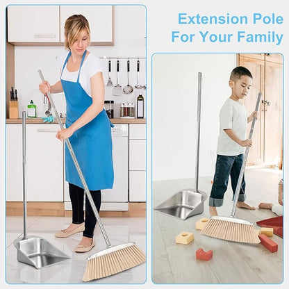 VOOWO Broom and Dustpan Set for Home, Stainless Steel Broom and Dustpan Set with Long Handle, Heavy Duty Dustpan Broom Set Standing Dust Pan Kitchen and Home Indoor Outdoor Broom