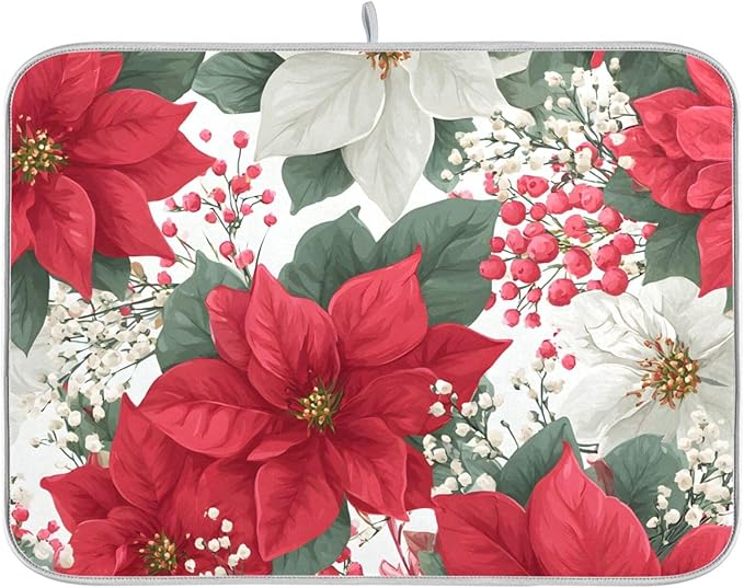 Red Poinsettias and Leaves Dish Drying Mat for Kitchen Counter Super Absorbent Drying Mat 16x18 inch Large Dish Drying Matts for Countertop Protector Dishes Pad