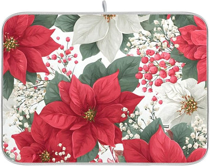 Red Poinsettias and Leaves Dish Drying Mat for Kitchen Counter Super Absorbent Drying Mat 16x18 inch Large Dish Drying Matts for Countertop Protector Dishes Pad