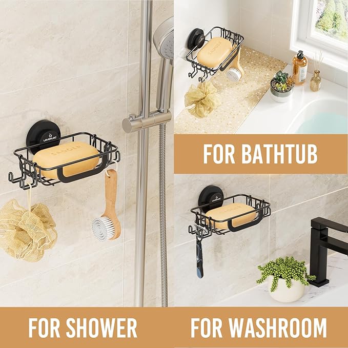 LEVERLOC Soap Dish for Shower with Hooks, Bar Soap Holder with Suction Cup, Soap Tray Rustproof Stainless Steel Holder for Bathroom Soap Saver, Black