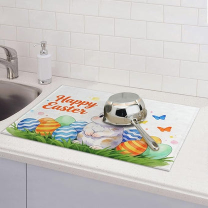 Easter Bunny Dish Drying Mat, for Kitchen Counter Microfiber Absorbent Easter Eggs Dish Draining Reusable Washable Extra Large 18"x24"