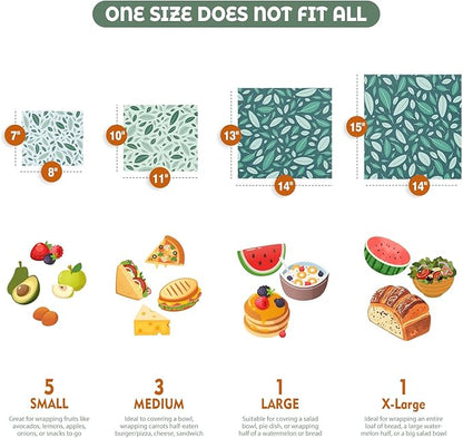 Akeeko Reusable Beeswax Food Wraps - Assorted 9 Packs, Reusable, Plastic-Free Food Storage, 5 Small, 2 Medium, 1 Large, 1 Extra Large Wraps with Boho Leaves Pattern