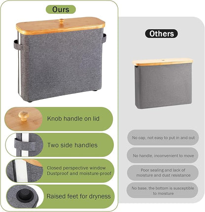 Bamboo Toilet Paper Organizer for Bathroom - Collapsible Storage Basket with Lid, Handle & Non-Slip Bottom, Gray