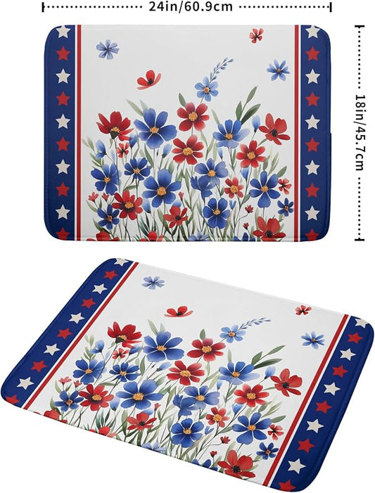 4th of July Dish Drying Mats for Kitchen Counter Summer Flowers Patriotic Kitchen Mats 18x24 Inch Absorbent Microfiber Drainer Mats Independence Day Dishes Pad Quick Dry for Tableware Protector Decor