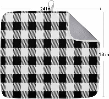 Dish Drying Mat Black Check Plaid Drying Matt for Kitchen Counter Farmhouse Style Absorbent Microfiber Quick Dry Mats Dishes Drainer Home Decorations 18x24 inch