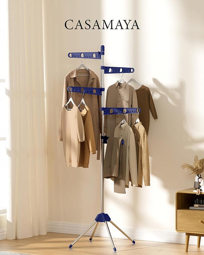 Clothes Drying Rack Foldable, 70.9 inch Tripod Drying Rack for 35 Pieces of Clothes, with Height-Adjustable Rotatable Clothes Rails, Space Saving, Stainless Steel, Blue and Silver CDR005Q01