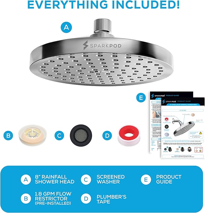 SparkPod Shower Head - High Pressure Rain - Premium Quality Luxury Design - Easy Clean Adjustable Replacement for Your Bathroom Shower Heads (Luxury Polished Chrome, 8 Inch Round)
