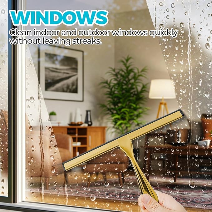 9.8-Inch Golden All-Purpose Shower Squeegee for Shower Doors, Tile Shower Walls, Bathroom, Window, Glass and Car Windshield, Mirrors and Kitchen-Stainless Steel