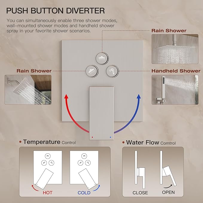 Shower System, Shower Faucet Set with 3 In 1 Push Button Valve, Shower Faucet included 10" Ceiling Shower Head and 8" Wall-Mount Shower Head with Handheld Spray, Brushed Nickel