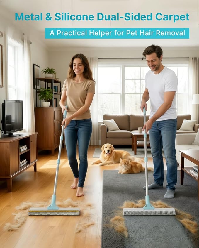 Carpet Rake for Pet Hair Removal, Upgraded Reusable Carpet Scraper Broom with 54” Adjustable Long Handle, Dual-Sided Metal & Silicone Brush, Cat & Dog Hair Remover Tool for Rugs, Mats, Stairs