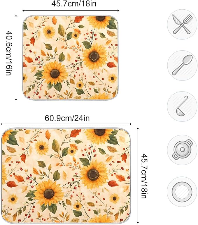 Watercolor Sunflowers Autumn Leaves Dish Drying Mat for Kitchen Counter Absorbent Microfiber Drying Pad, Medium 16x18 in